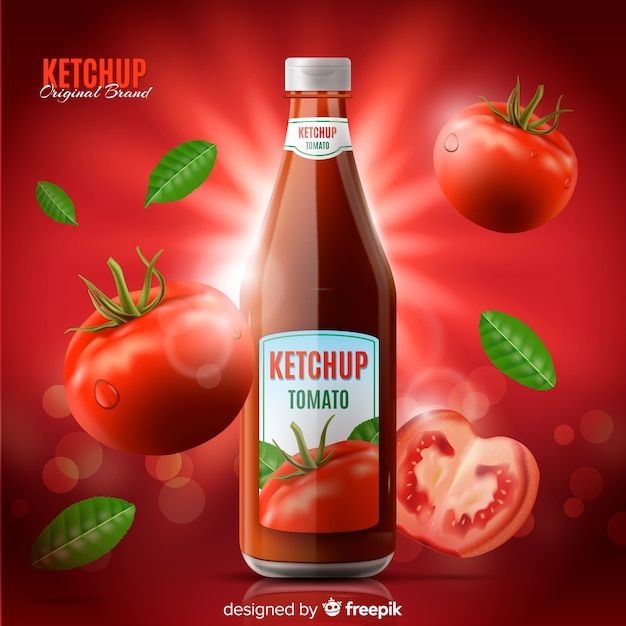 a bottle of ketchup with tomatoes and leaves around it on a red background