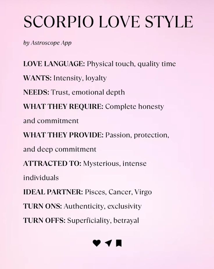 the scorpio love style is shown in black and white on a pink background