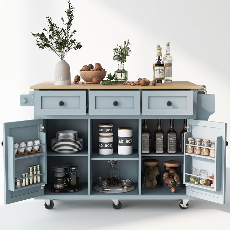 a kitchen with blue cabinets and shelves filled with dishes, cups, and utensils