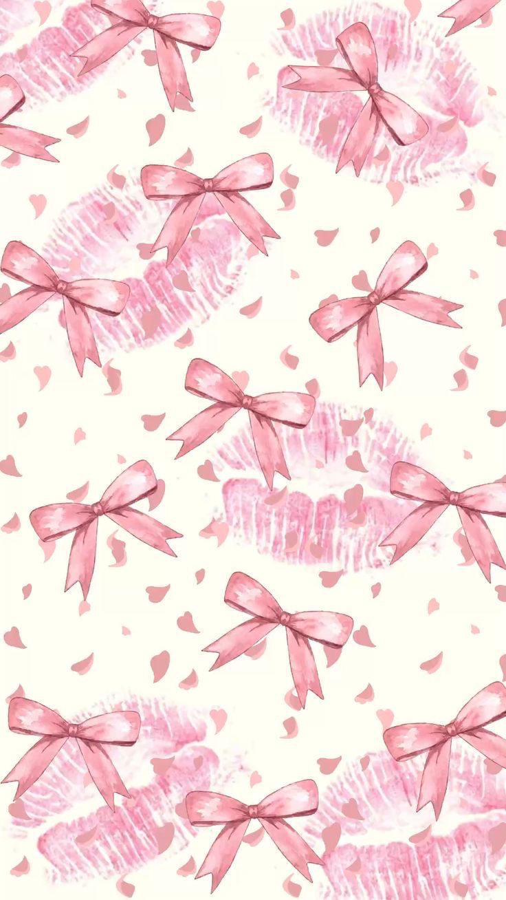 pink hearts and bows on white background with watercolor effect in the form of heart shapes