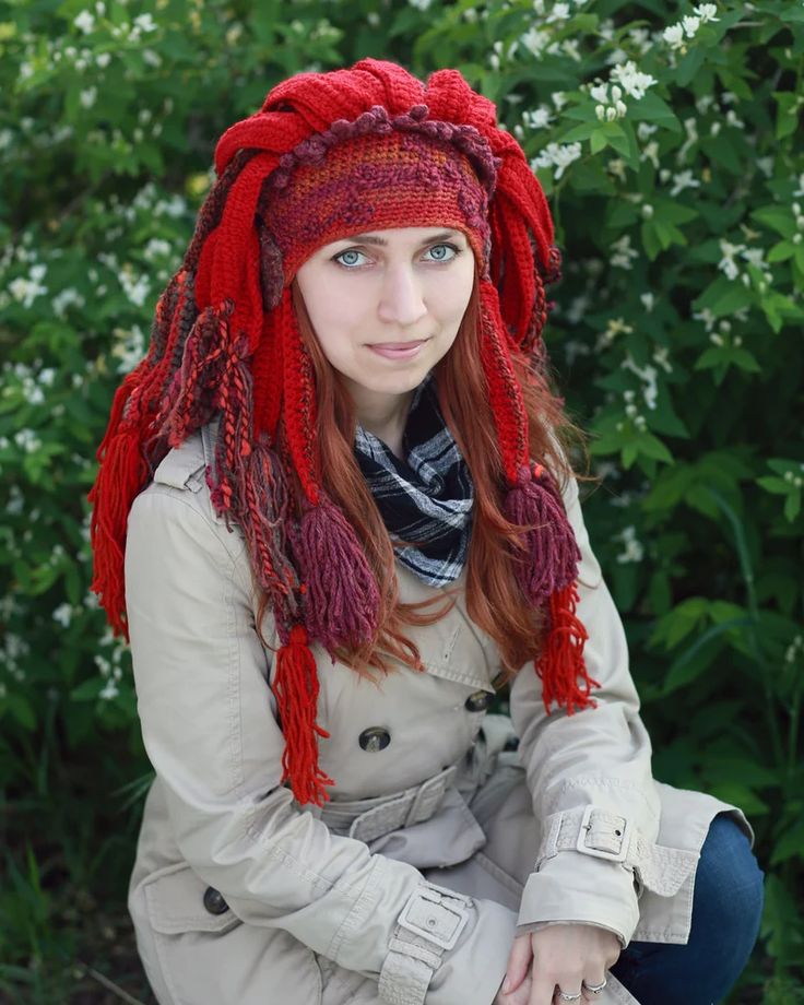 Winter Crochet Red Shaman Hat Festival Headdress With | Etsy Ukraine Bohemian Winter Costume Hats And Headpieces, Bohemian Beanie Hat In Yarn, Bohemian Beanie Hat Made Of Yarn, Bohemian Yarn Beanie Hat, Bohemian Crochet Beanie Hat, Whimsical Crochet Hat For Festivals, Handmade Hippie Crochet Hat For Festivals, Bohemian Crochet Hat In Yarn For Winter, Bohemian Crochet Hat One Size