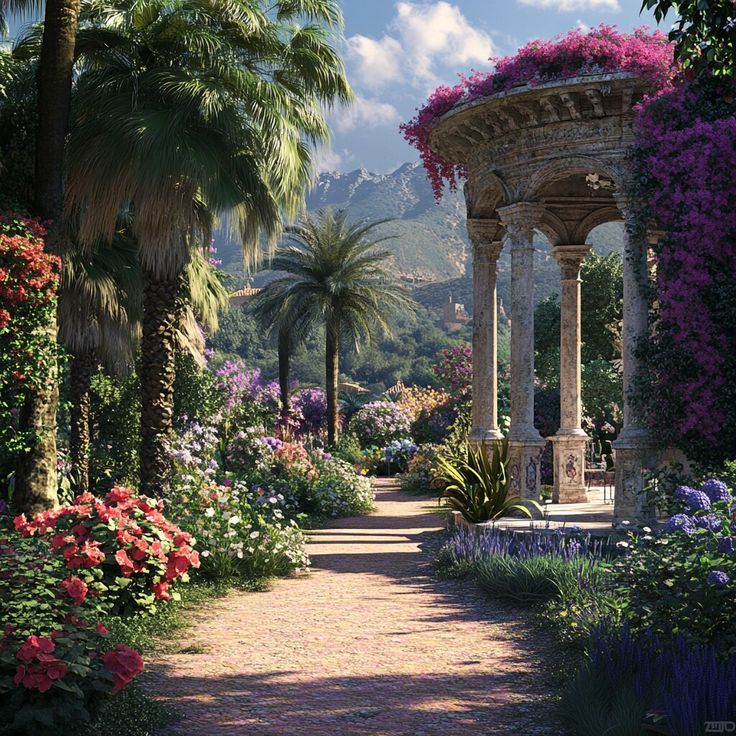 a garden with lots of flowers and palm trees