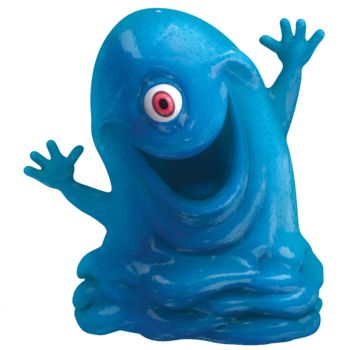 a blue figurine with red eyes and hands on it's legs, sitting in front of a white background