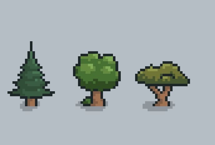 four pixel trees in different sizes and colors