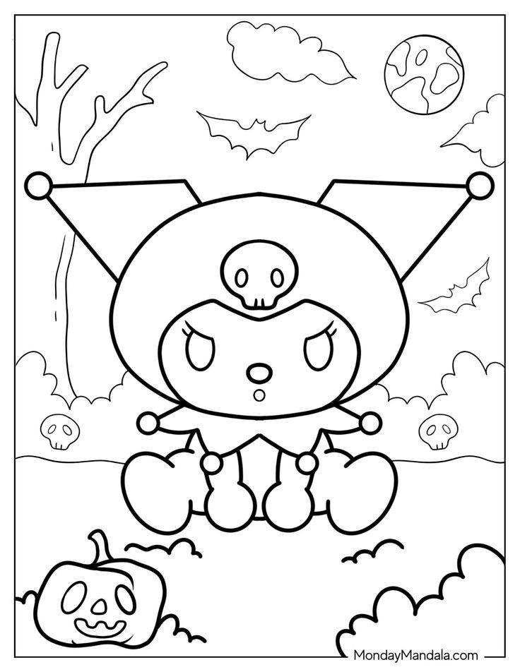 a coloring page with an image of a pig in the sky and pumpkins on the ground