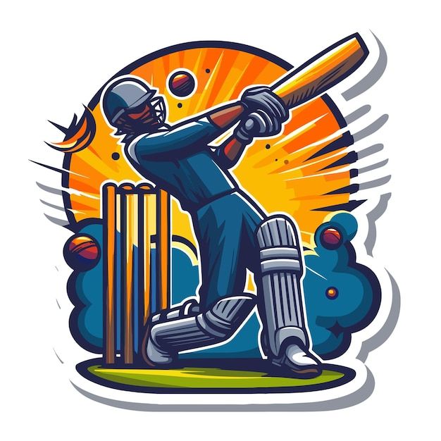 a cricket player hitting the ball with his bat in front of an orange and yellow background