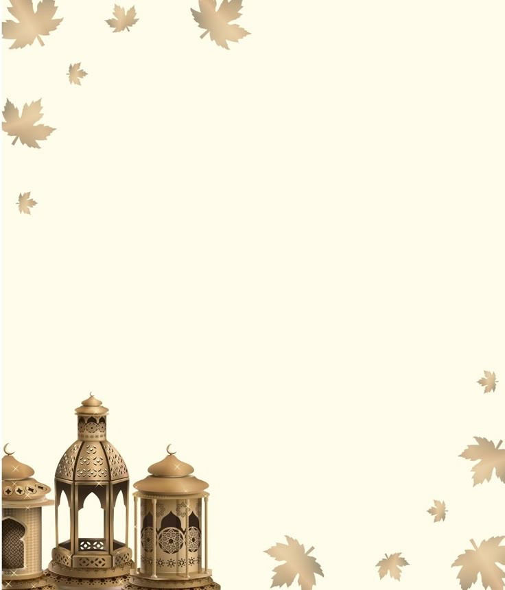 a white and gold background with leaves flying in the air above it is an ornate lantern