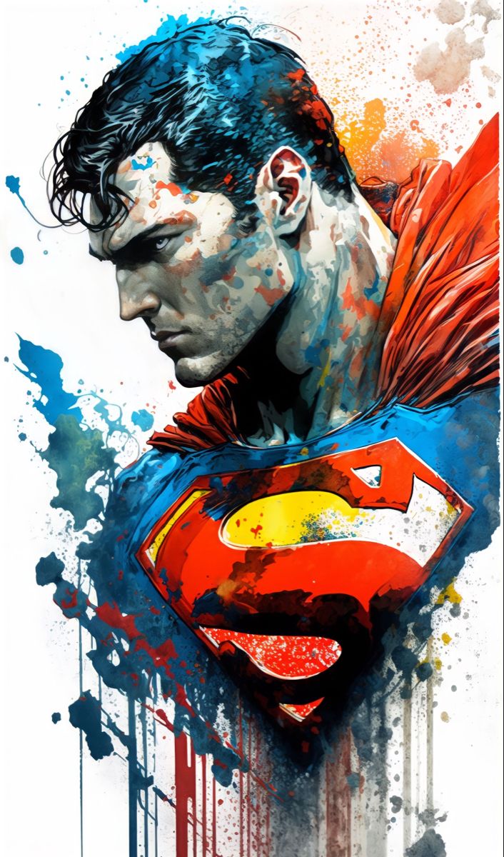 a painting of a man wearing a superman suit with paint splatters on it