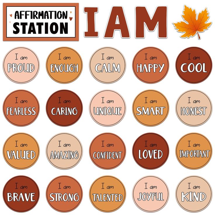 the words i am are written in different colors and shapes, including oranges, browns