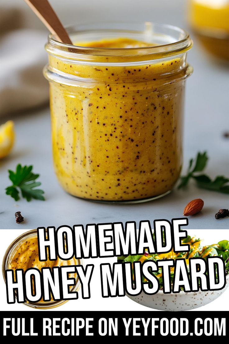 homemade honey mustard recipe in a jar with spoon