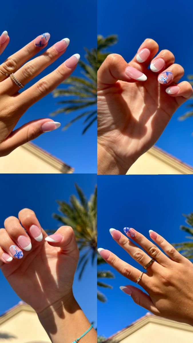 acrylic nails, almond shape French Tip Blue, Starfish Nails, White French Tip, Simple Gel Nails, Nail Idea, White Tip, White French, Pretty Acrylic Nails, French Tip Nails