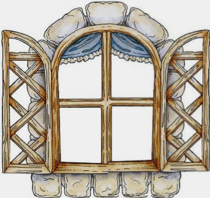 a drawing of an open window with blue curtains