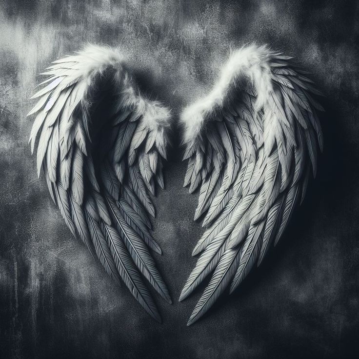 two white angel wings on a black and white background with space for text or image