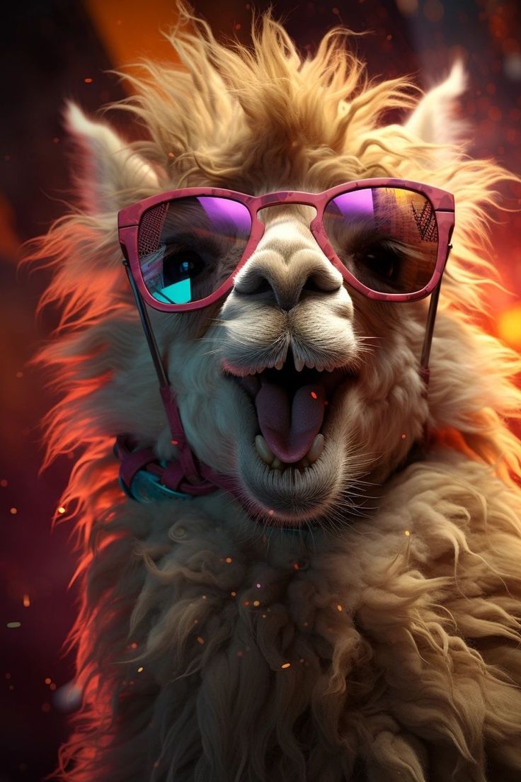 an alpaca wearing pink glasses and smiling for the camera with its mouth open