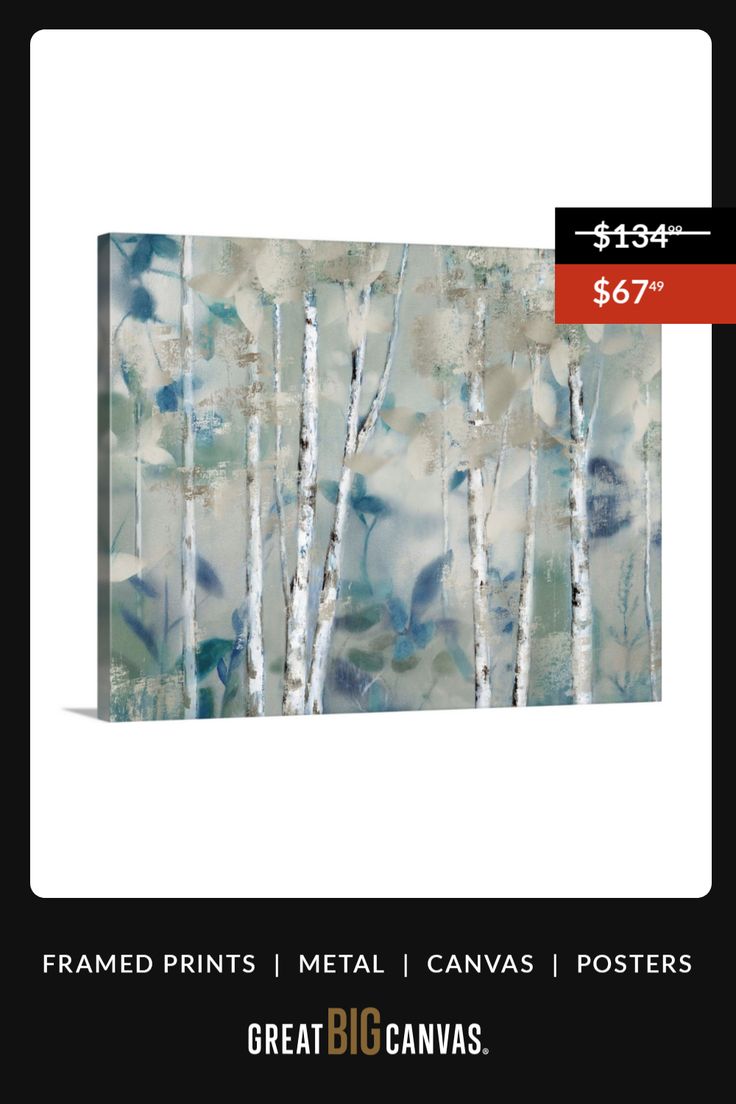 a painting with white birch trees on it and the words, framed prints metal canvass posters