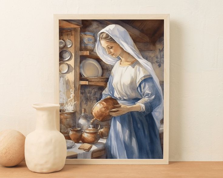 a painting of a woman in blue holding a pot