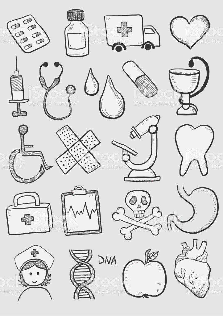 black and white medical doodles on a gray background stock photo - all images are in separate layers