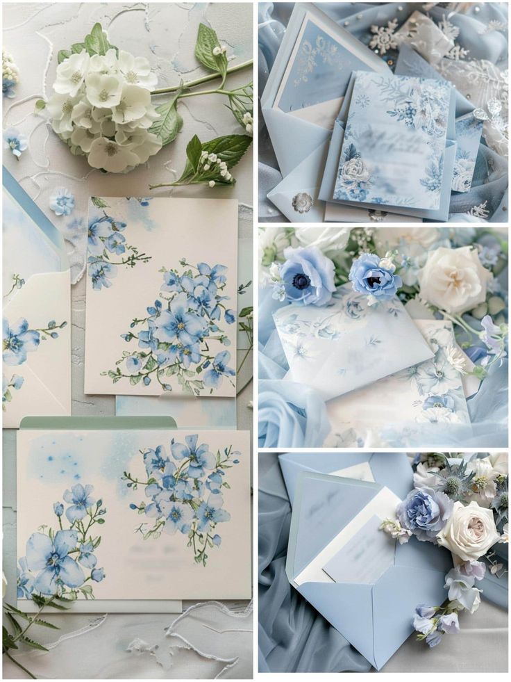 wedding stationery with blue and white flowers on it, including cards, envelopes and napkins