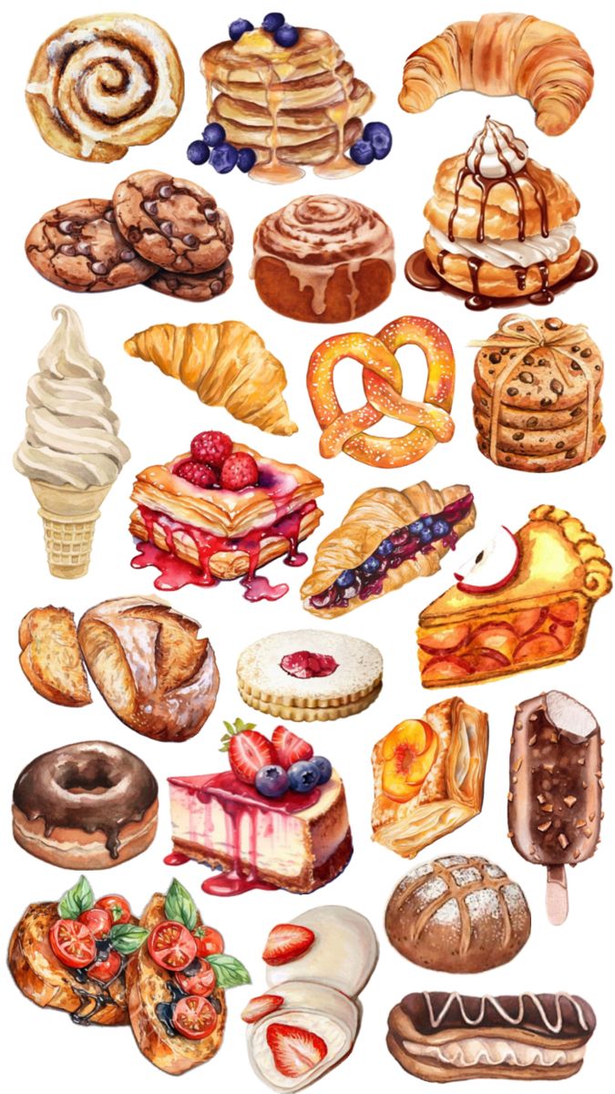 an illustration of many different types of pastries