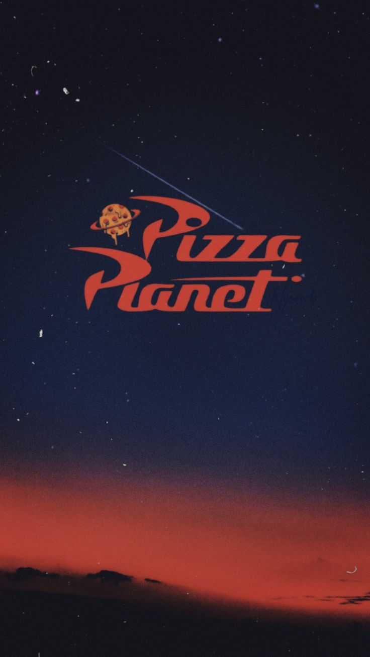 the words pizza planet are written in red and black on a dark blue sky background