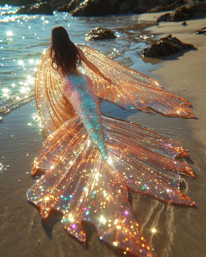 a woman is standing on the beach with her long hair flowing in the wind and wearing a dress made out of plastic fish tails