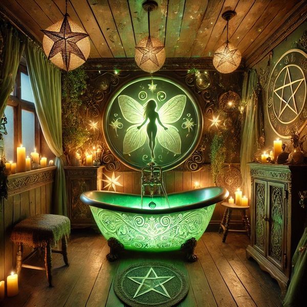 a green bathtub with candles around it and a fairy image on the wall above