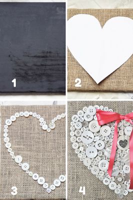 four pictures showing the steps to make a heart with buttons and ribbon on burlock