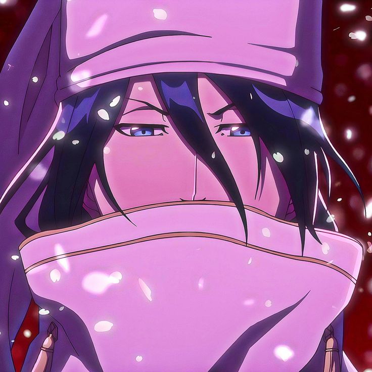 an anime character with black hair and blue eyes wearing a purple outfit in the snow