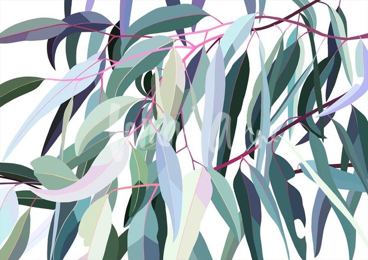 an abstract painting of leaves and branches on a white background in shades of blue, green, pink and purple