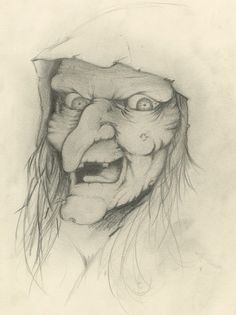 a drawing of an old woman's face with long hair