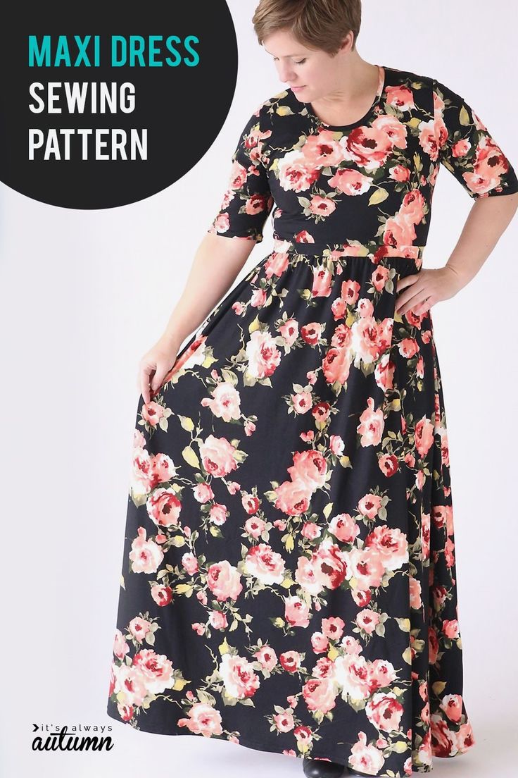 a woman wearing a black floral dress with pink flowers on it and the words, sewing pattern