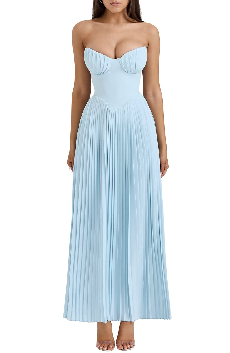 HOUSE OF CB Marcella Strapless Pleated Georgette Gown | Nordstrom Strapless Bustier, Wedding 2025, Elegant Maxi Dress, Pleated Maxi Skirt, Off Shoulder Fashion, Strapless Maxi, Garden Parties, Backless Maxi Dresses, Pleated Maxi Dress