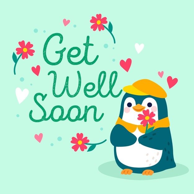 a penguin is holding a flower and the words get well soon are written on it