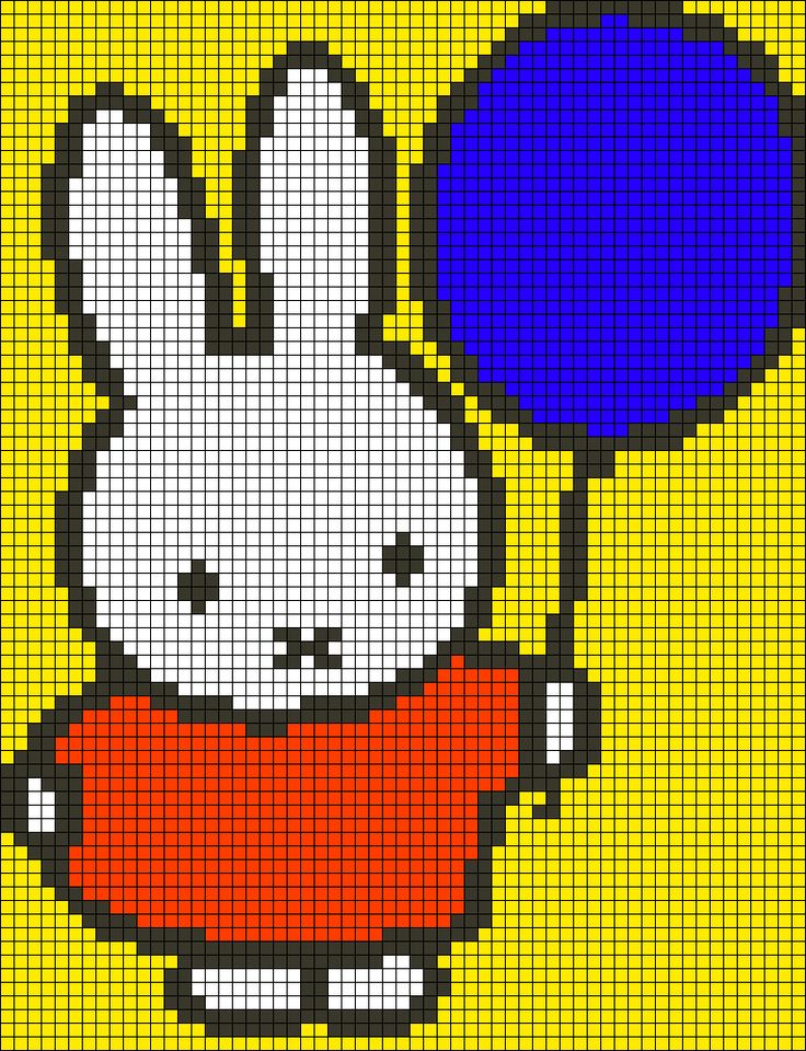 a cross stitch pattern with a rabbit holding a balloon in it's hand and wearing an orange shirt