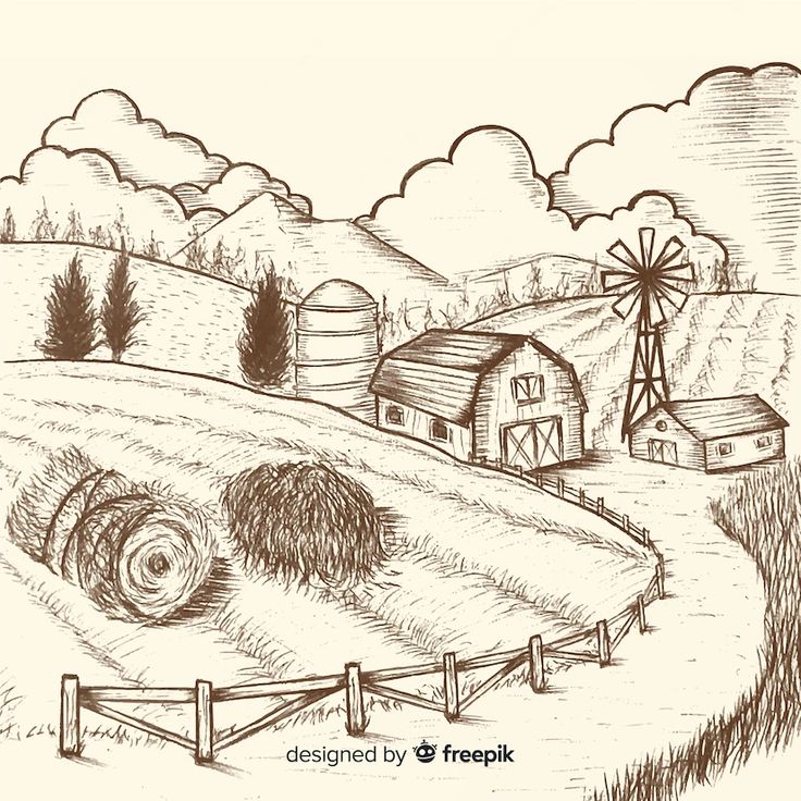 a drawing of a farm with a windmill and hay bales in the foreground