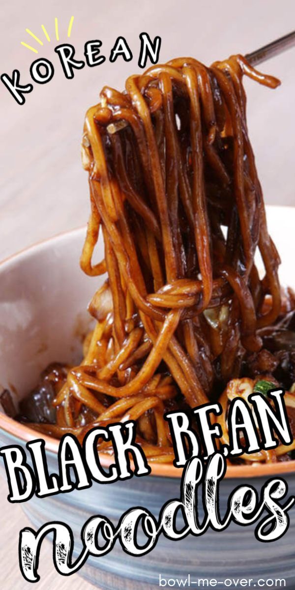 black bean noodles in a bowl with chopsticks on the side and text overlay that reads korean black bean noodles