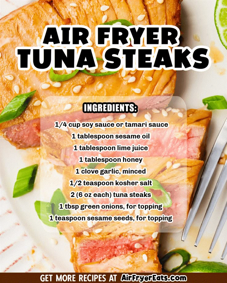 an advertisement for air fryer tuna steaks on a plate with a fork and knife