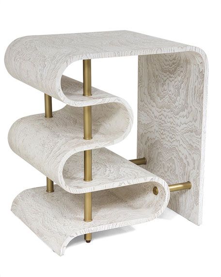 a three tiered white marble shelf with gold metal legs and two shelves on each side