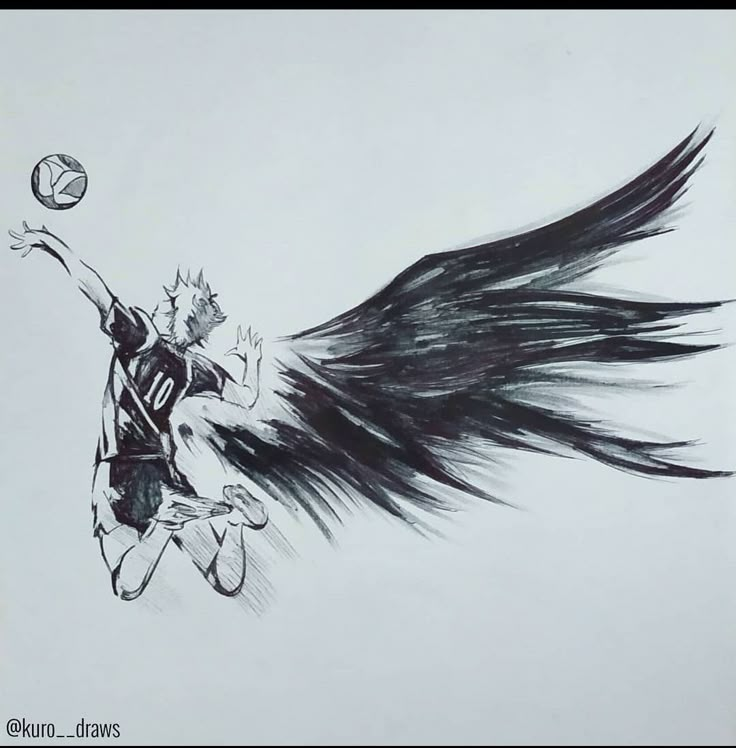 a drawing of a basketball player with his wings spread out to catch the ball in mid air