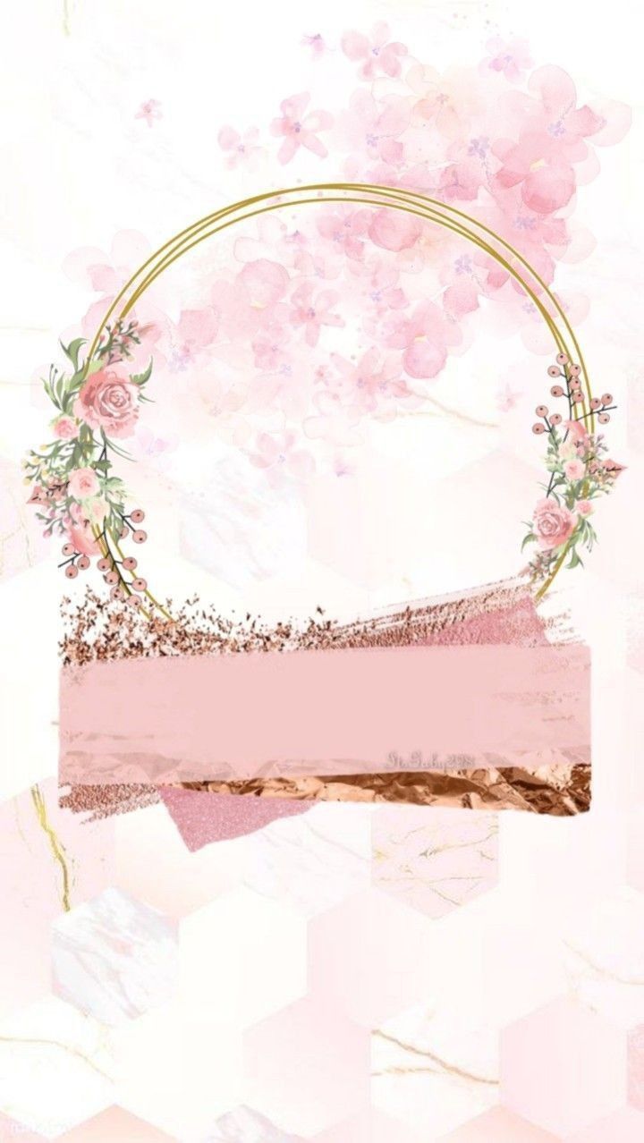 a pink background with flowers and a gold circle