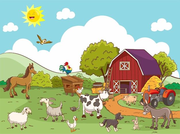 farm scene with animals and farmer on tractor