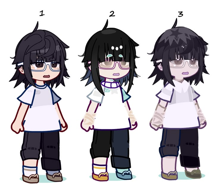 three anime characters with glasses and black hair