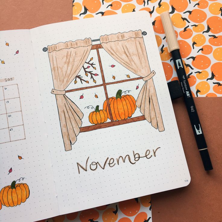 november fall window bullet journal theme #bujo #bujoideas #bulletjournal #bulletjournaling #bulletjournalideas Fall Bujo Cover, November Bujo Theme Ideas, November Bulletin Journal Ideas, November Journal Spread, November Page Bullet Journal, November Reading Journal, Bujo November Mood Tracker, Fall Bullet Journal Theme, November Bullet Journal Cover Easy