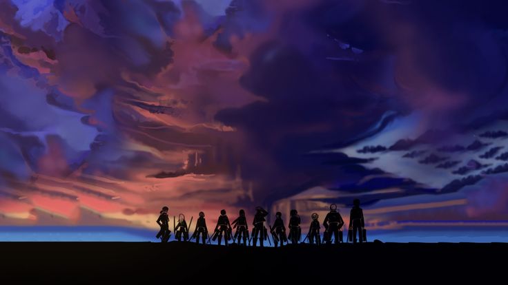 a group of people standing on top of a hill under a purple sky with clouds