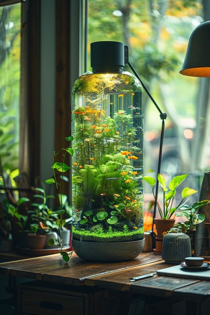 a glass jar filled with plants sitting on top of a table next to a lamp