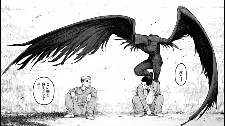 two men sitting on the ground in front of a giant bird