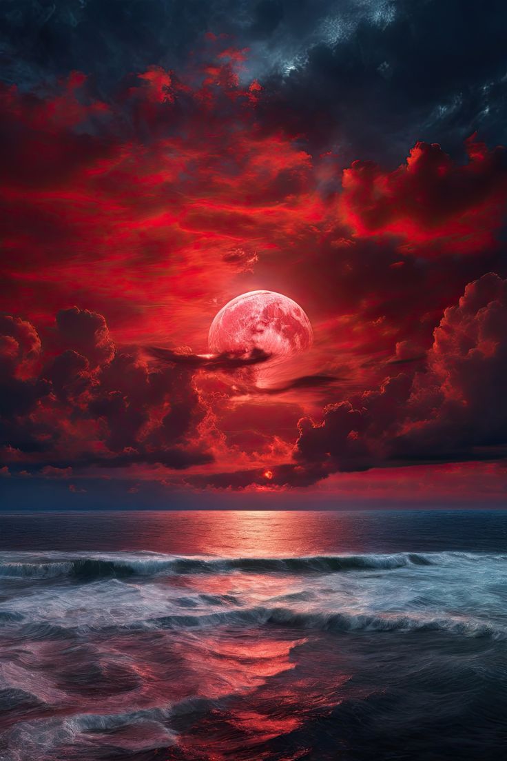 Moonlit Sea Red Sky At Night Sailors Delight, Dramatic Sky Painting, Red Sky Painting, Red Night Sky, Mermay 2024, Fire Kingdom, Moon Over Water, Red Skies, Aries Moon