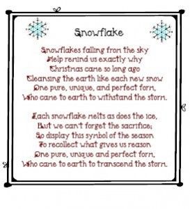 the poem snowflake is written in red and black on a white background with an ornate frame