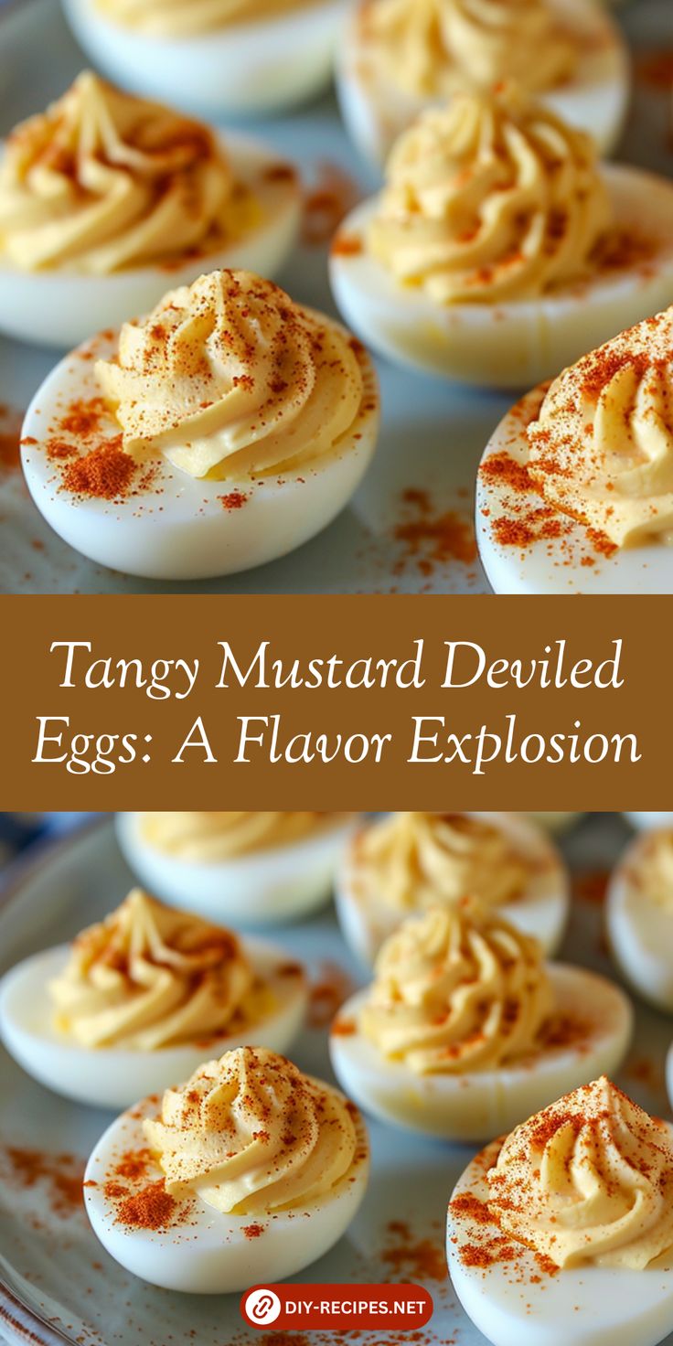 an image of deviled eggs on a plate with the words tangy mustard deviled eggs