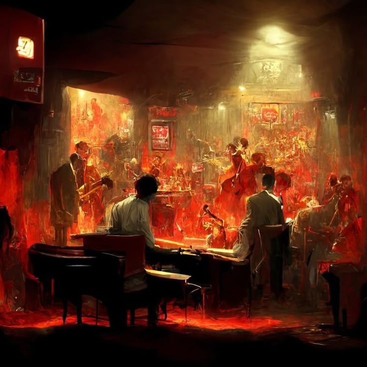 a group of people sitting around a bar with red lights on the walls and floor